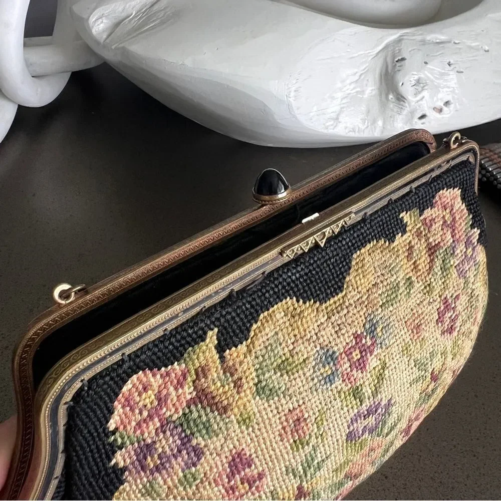 Vintage Petit Point Floral Tapestry Handbag with Chain Strap